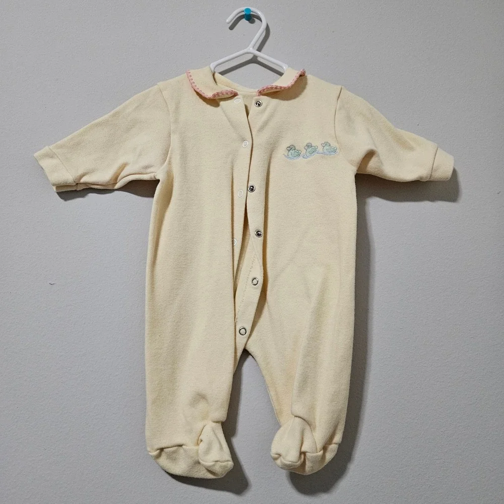 Vintage Style Baby Footed Sleeper Yellow Duck Embroidered Peter Pan Collar Snaps